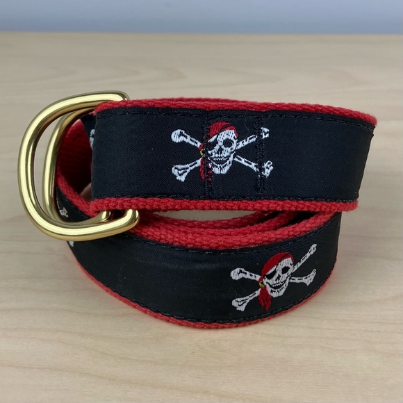 Preston Belts Preppy Black Pirate Skull & Crossbones Ribbon D Ring Belt Size M - Picture 1 of 10